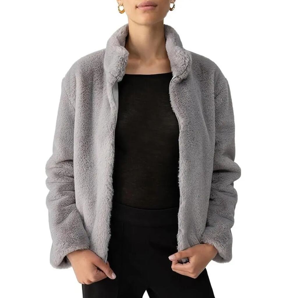 Sanctuary Womens Lux Faux Fur Short Coat Large Light Grey NWT